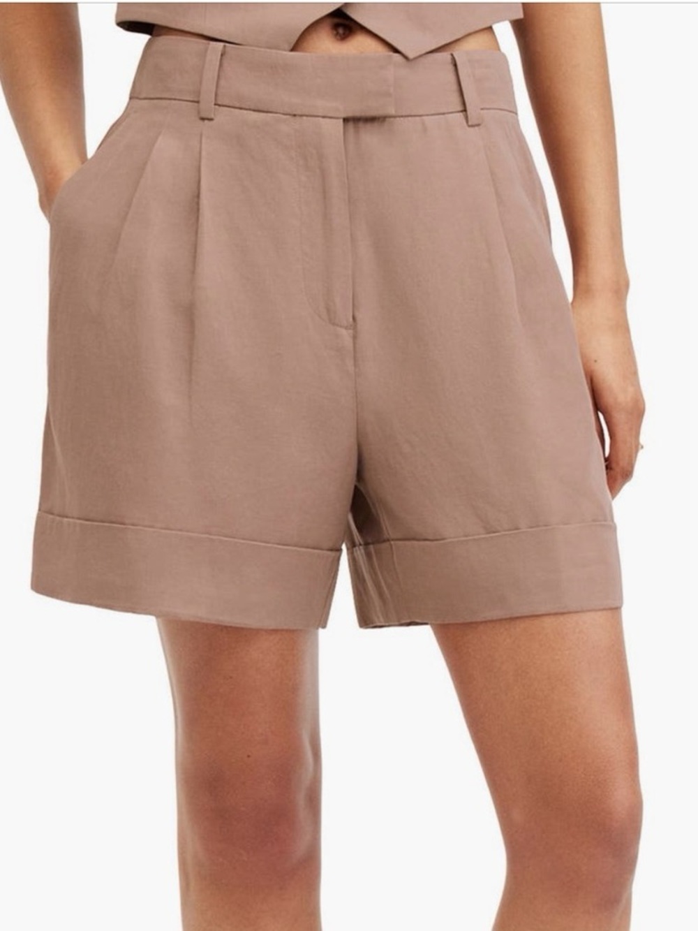 AllSaints Deri Lyn Shorts Mushroom Brown Lyocell Linen Pleated High Waist